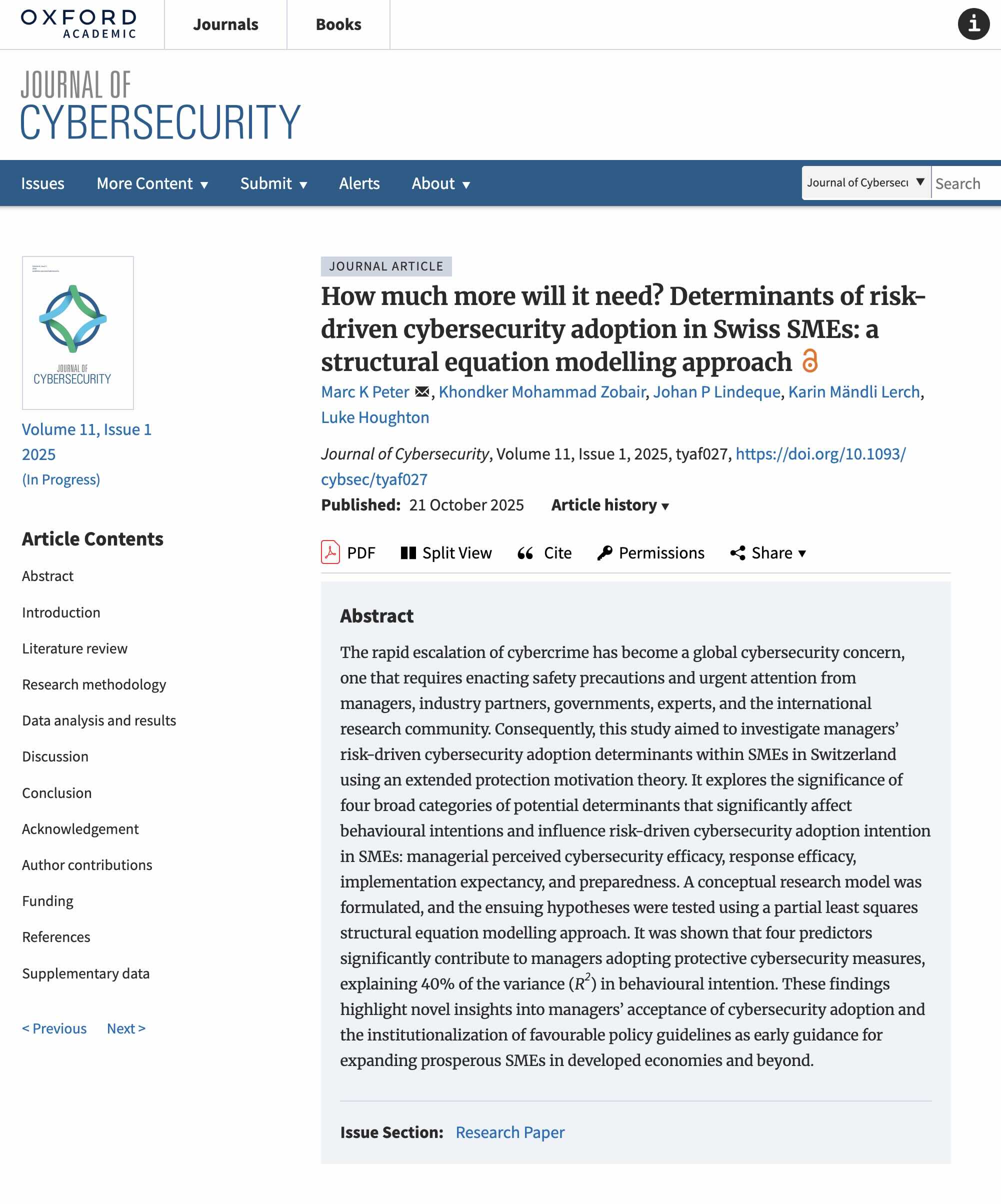 Determinants of risk driven cybersecurity adoption